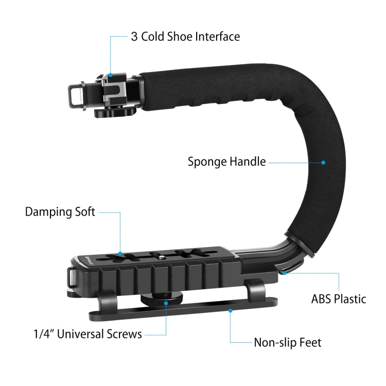 PULUZ U/C Shape Portable Handheld DV Bracket Stabilizer + LED Studio Light + Video Shotgun Microphone Kit with Cold Shoe Tripod Head  for All SLR Cameras and Home DV Camera, Bracket + Mic + LED(AE), Bracket Kits + Mic + LED(US), Bracket Kits + Mic + LED