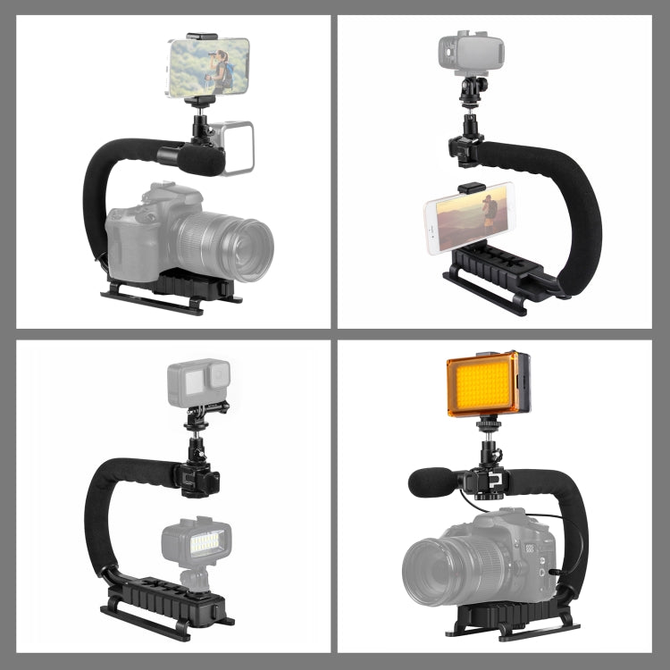 PULUZ U/C Shape Portable Handheld DV Bracket Stabilizer + LED Studio Light + Video Shotgun Microphone Kit with Cold Shoe Tripod Head  for All SLR Cameras and Home DV Camera, Bracket + Mic + LED(AE), Bracket Kits + Mic + LED(US), Bracket Kits + Mic + LED