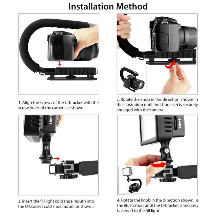PULUZ U/C Shape Portable Handheld DV Bracket Stabilizer + LED Studio Light + Video Shotgun Microphone Kit with Cold Shoe Tripod Head  for All SLR Cameras and Home DV Camera, Bracket + Mic + LED(AE), Bracket Kits + Mic + LED(US), Bracket Kits + Mic + LED