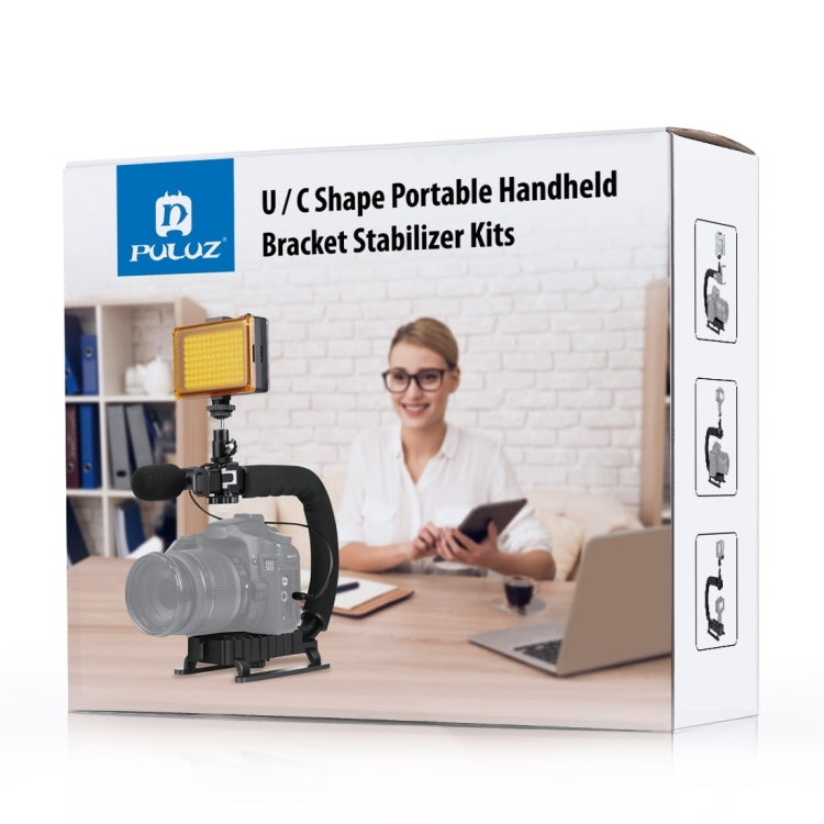 PULUZ U/C Shape Portable Handheld DV Bracket Stabilizer + LED Studio Light + Video Shotgun Microphone Kit with Cold Shoe Tripod Head  for All SLR Cameras and Home DV Camera, Bracket + Mic + LED(AE), Bracket Kits + Mic + LED(US), Bracket Kits + Mic + LED