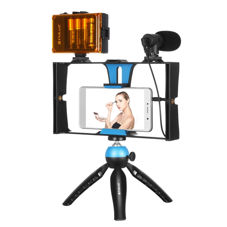 PULUZ 4 in 1 Vlogging Live Broadcast LED Selfie Light Smartphone Video Rig Kits with Microphone + Tripod Mount + Cold Shoe Tripod Head for iPhone, Galaxy, Huawei, Xiaomi, HTC, LG, Google, and Other Smartphones, 4-in-1(Blue), 4 in 1, 4-in-1(US)         ...