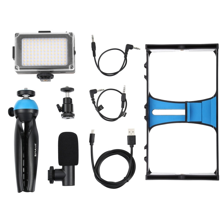 PULUZ 4 in 1 Vlogging Live Broadcast LED Selfie Light Smartphone Video Rig Kits with Microphone + Tripod Mount + Cold Shoe Tripod Head for iPhone, Galaxy, Huawei, Xiaomi, HTC, LG, Google, and Other Smartphones, 4-in-1(Blue), 4 in 1, 4-in-1(US)         ...