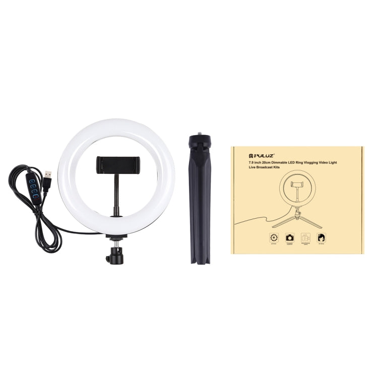 PULUZ 7.9 inch 20cm Light + Desktop Tripod Mount USB 3 Modes Dimmable Dual Color Temperature LED Curved Light Ring Vlogging Selfie Beauty Photography Video Lights with Phone Clamp, 7.9 inch + Desktop Tripod, 7.9 inch+Tripod