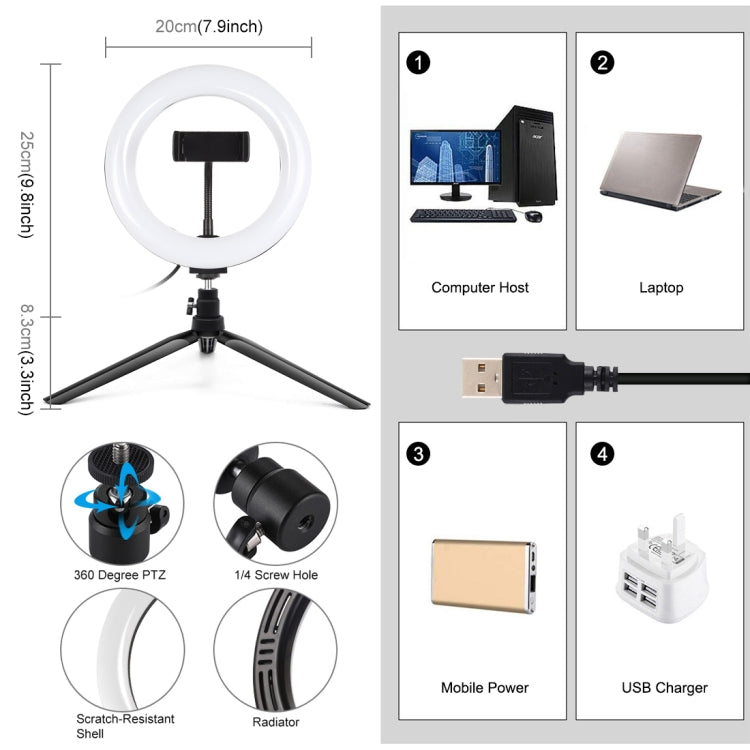 PULUZ 7.9 inch 20cm Light + Desktop Tripod Mount USB 3 Modes Dimmable Dual Color Temperature LED Curved Light Ring Vlogging Selfie Beauty Photography Video Lights with Phone Clamp, 7.9 inch + Desktop Tripod, 7.9 inch+Tripod