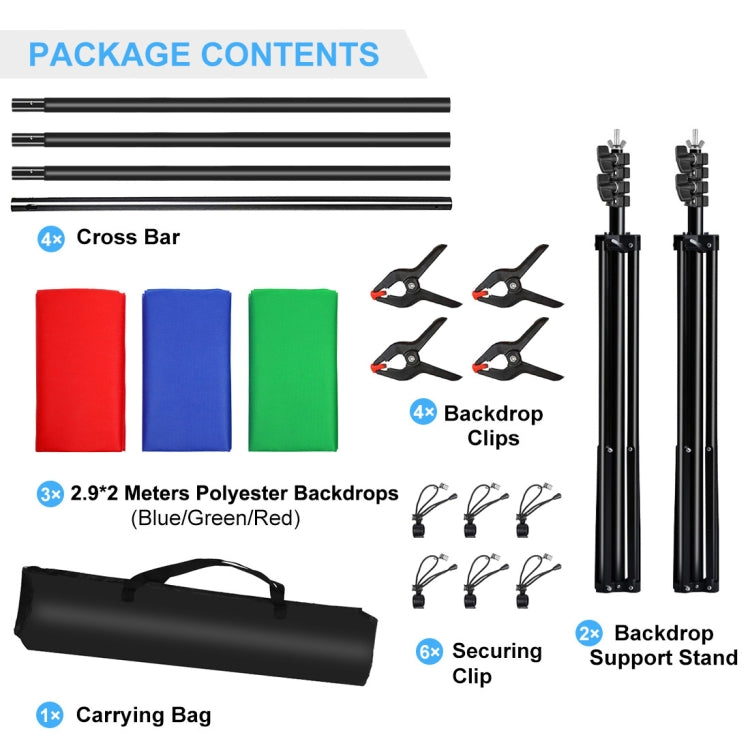 PULUZ 2.9x2m Photo Studio Background Support Stand Backdrop Crossbar Bracket Kit with Red / Blue / Green Backdrops, 2.9 x2 m (double stands), 2.9x2m  (Double stands)