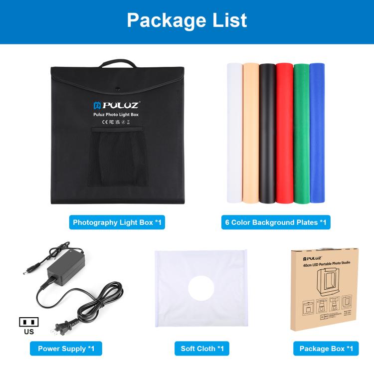 PULUZ 40cm Folding Portable White Light Dimmable Photo Lighting Studio Shooting Tent Box Kit with 6 Colors (Black, Orange, White, Red, Green, Blue) Backdrops, 40cm Box(UK/AE), 40cm Box(US), 40cm Box(UK), 40cm Box(EU), 40cm Box(AU)