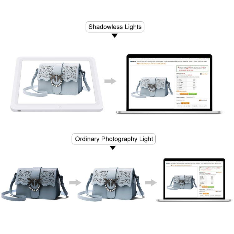 PULUZ Mini LED Photography Shadowless Light Lamp Panel Pad + Studio Shooting Tent Box, Acrylic Material, 20cm x 20cm Effective Area, 20cm(2 LED) + Shadowless Light(RU), 20cm(2 LED) + Shadowless Light
